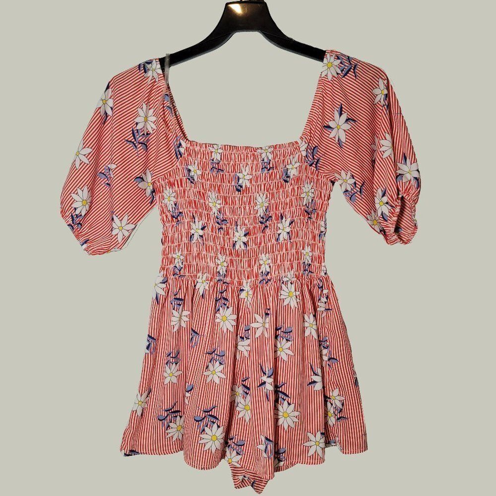 True Destiny Womens Romper  Floral Pattern Striped Red White  Size M